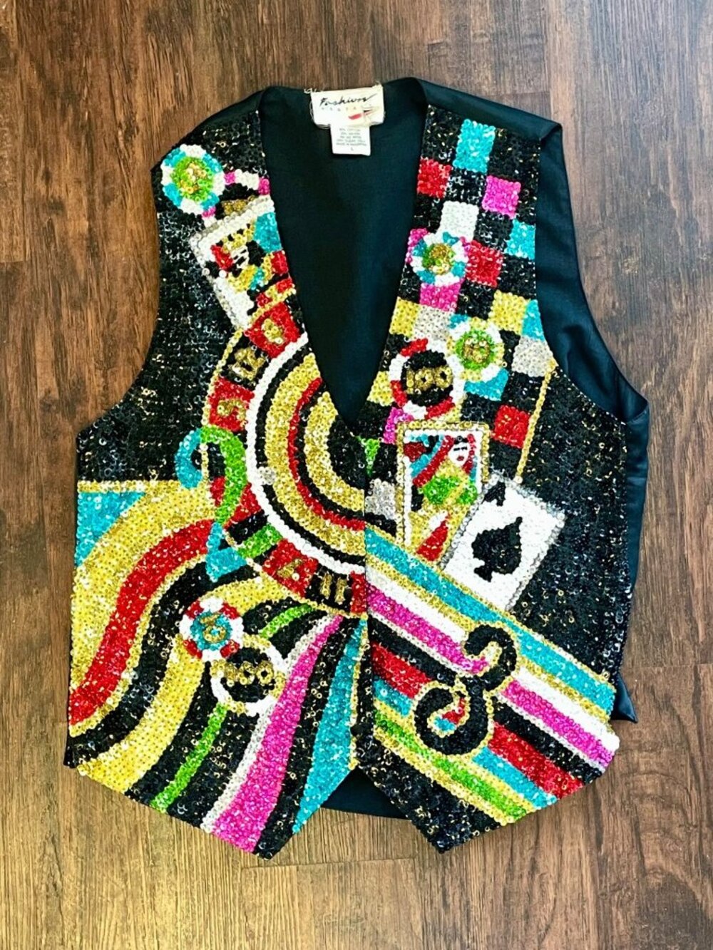 Vintage Fashion Fantasy Colorful Sequin + Beaded Casino Cards Gambling Vest L